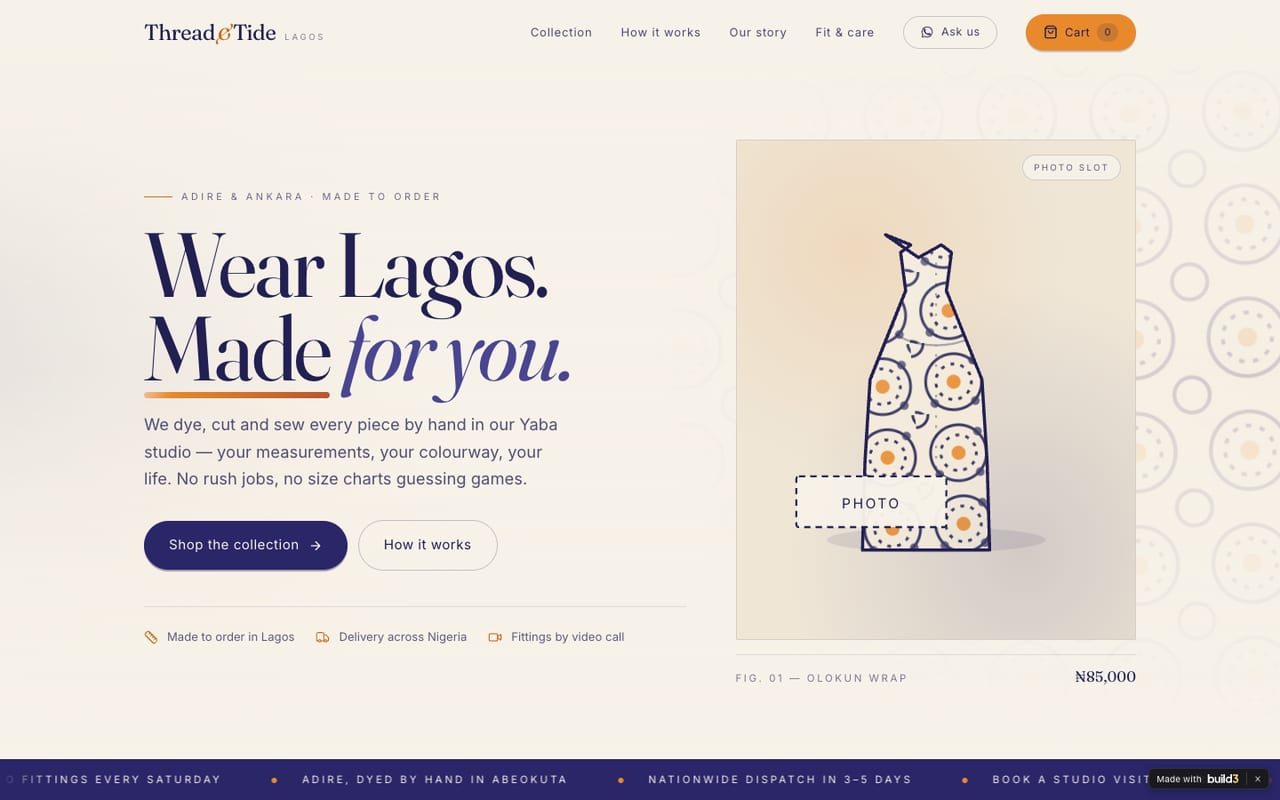 A made-to-order fashion shop, built with Build3
